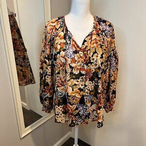 Olivaceous floral 100% cotton peasant blouse w tassels, Size Medium